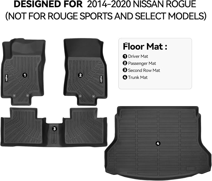 Floor Mats for Nissan Rogue 2014-2020 (NOT for Rogue Sports and Select Models), Trunk Mat All Weather TPE Interior Protector for Nissan Rogue Accessories