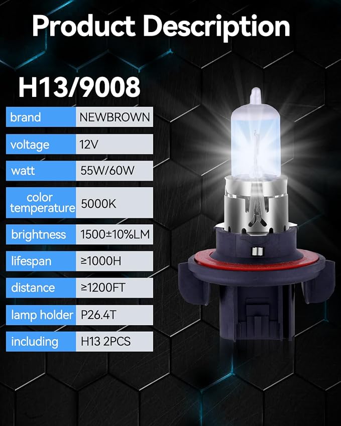NEWBROWN H13 Headlight Bulb 9008 Halogen Headlight Bulbs 5000K Super White Light Long Life Replacement P26.4T 12V 55W/60W (H13/9008, 2 Pack)
