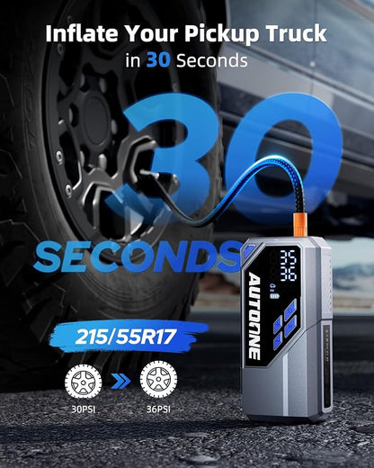 AUTOONE 10000A Jump Starter with Air Compressor, 24000mAh Jump Box with Tire Inflator (All Gas & Diesel) Portable Car Battery Booster Jumper Starter Pack, Jumper Cables, Type C, 60W Charging, Light