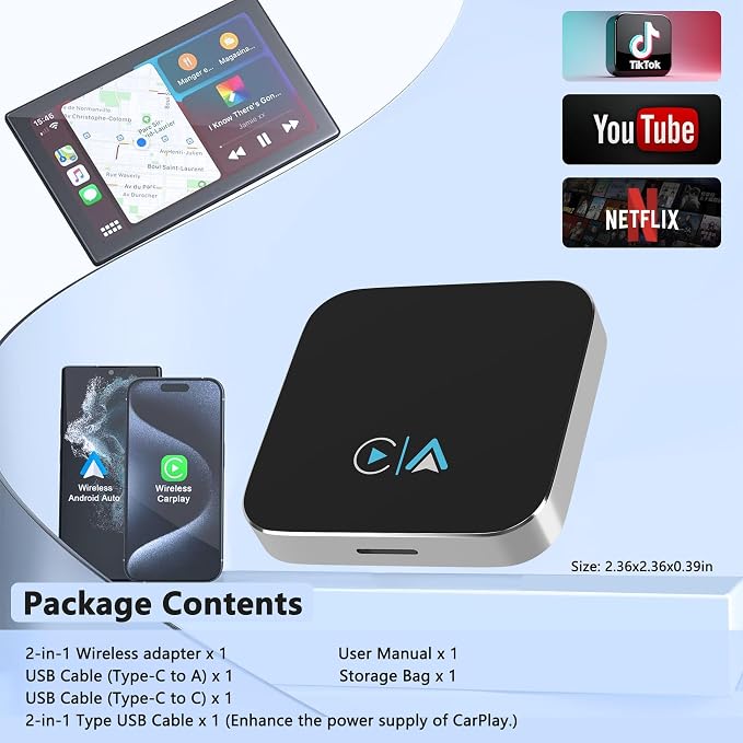 2-in-1 Carplay Wireless Adapter, Wireless Apple & Android Auto Adapter, 2026 Magic Video AI Box Streaming Dongle Support Netflix/YouTube/TF Card, Only Fits for OEM Wired CarPlay Cars