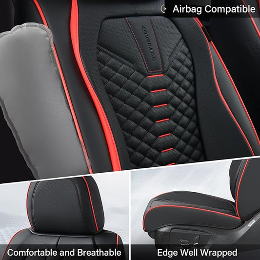Coverado Car Seat Covers, Front Seat Cover, Waterproof Nappa Leather Seat Covers for Cars, 2 Pack Car Seat Protectors, Driver Seat Cover, Automotive Seat Covers Universal Fit for Most Cars, Black&Red