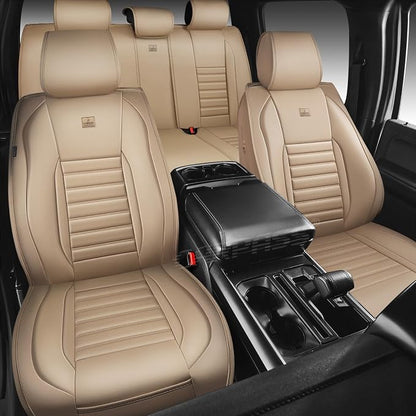 CAR PASS Nappa Leather Car Seat Covers Front Seats, Luxury Seat Protector for Cars, Waterproof Anti-Slip Seat Cushion Airbag Compatible Universal for Sedan SUV Pick-up Truck Automotive Vehicle, Beige