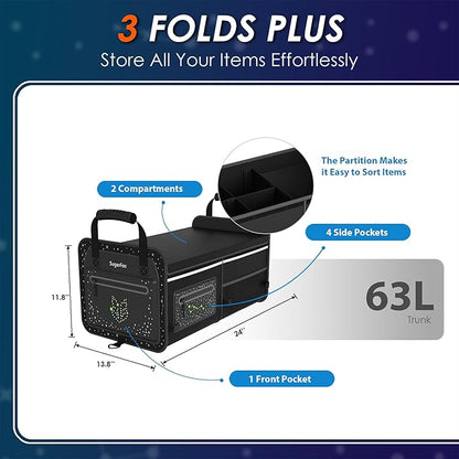 SugarFox 63L Car Trunk Organizer for SUVs & Small/Midsize Cars - Fluorescent Design, Waterproof, Collapsible with Adjustable Straps (Black-M004)