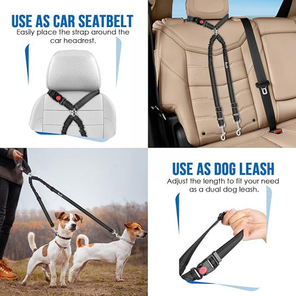 Lukovee Double Dog Seat Belt, New Dual Pet Car Headrest Restraint Safety Seatbelt No Tangle Dog Leash Duty Adjust Elastic Bungee Puppy Lead Splitter Connect Harness in Vehicle Travel for 2 Dogs,Black
