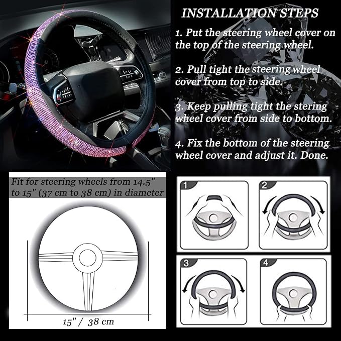 ChuLian New Diamond Leather Steering Wheel Cover with Bling Bling Crystal Rhinestones, Universal Fit 15 Inch Car Wheel Protector for Women Girls Purple Diamond