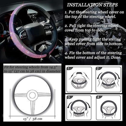 ChuLian New Diamond Leather Steering Wheel Cover with Bling Bling Crystal Rhinestones, Universal Fit 15 Inch Car Wheel Protector for Women Girls Purple Diamond