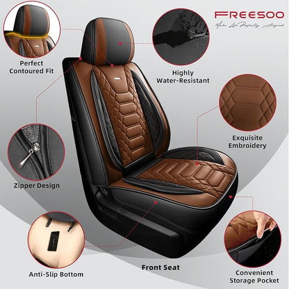 FREESOO Tundra Seat Covers 2014-2021 Full Set, Fit for Toyota Tundra Crewmax Cab, Custom Truck Seat Covers with Waterproof Faux Leather BlackBrown