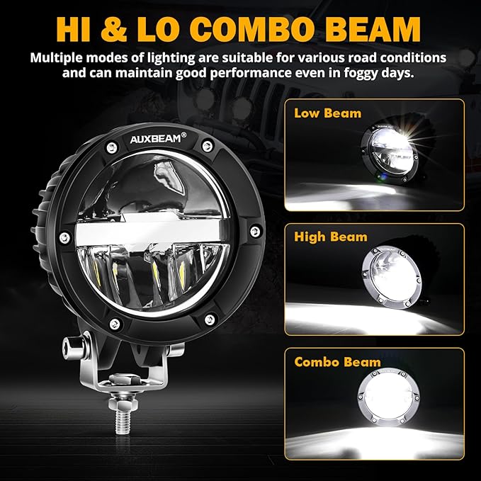 Auxbeam 4 Inch 100W Round Offroad Lights, LED Driving Light Pods with Hi/Lo/Combo Beam Design, 10000LM Super Bright Work Fog Light with Wiring Harness for Truck Pickup SUV ATV UTV 4x4