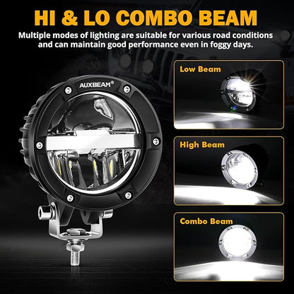 Auxbeam 4 Inch 100W Round Offroad Lights, LED Driving Light Pods with Hi/Lo/Combo Beam Design, 10000LM Super Bright Work Fog Light with Wiring Harness for Truck Pickup SUV ATV UTV 4x4