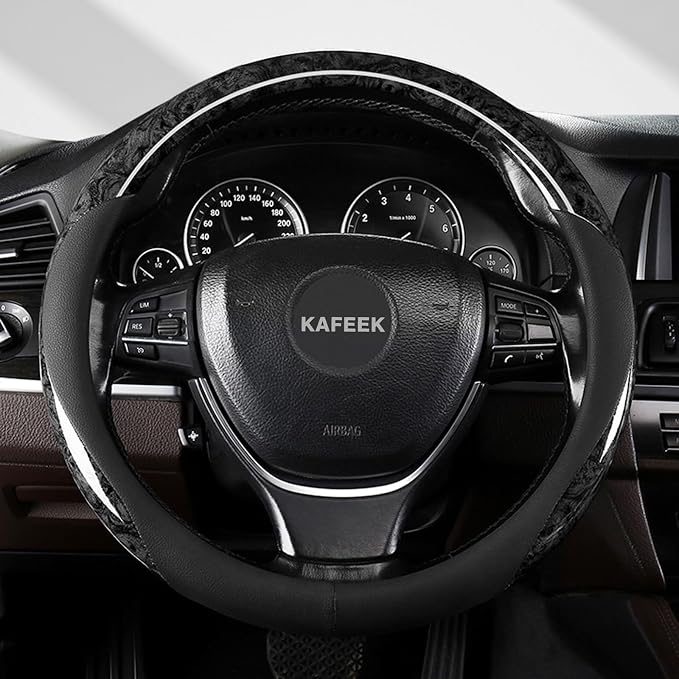 KAFEEK Wood Grain Steering Wheel Cover Microfiber Leather Universal 14 1/2-15 inch, Car Steering Wheel Cover Men Women, Comfortable, Anti-Slip, Odorless, Black