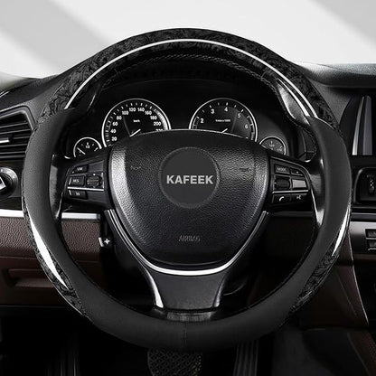KAFEEK Wood Grain Steering Wheel Cover Microfiber Leather Universal 14 1/2-15 inch, Car Steering Wheel Cover Men Women, Comfortable, Anti-Slip, Odorless, Black