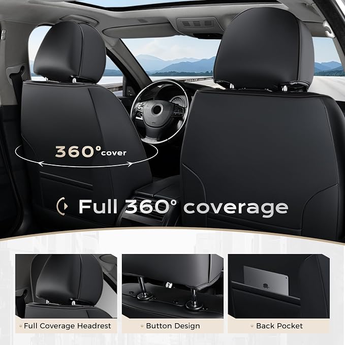Coverado Car Seat Covers Full Set, Green Car Seat Cover, Car Leather Seat Protector with Lumbar Support, Waterproof Car Seat Cushion, Leather Seat Covers Universal Fit Most Cars, (Black&Green)