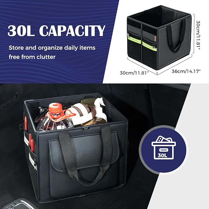 Coverado Trunk Organizer for Car- Nappa Leather Trunk Organizer for SUV with Lid, 30L Multi Collapsible Car Storage Organizer Foldable, Multi Compartments with 2 Straps for SUV/Truck