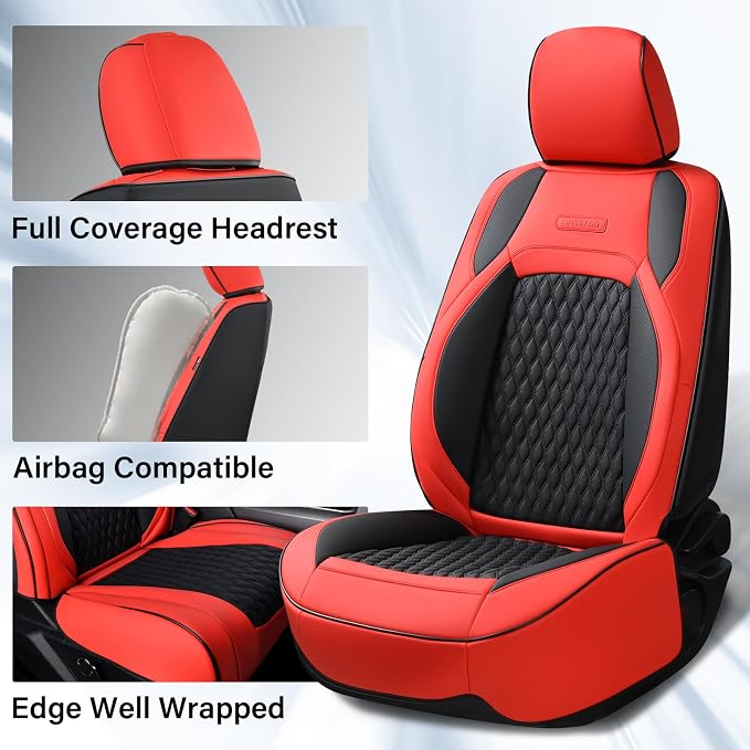 Coverado Leather Car Seat Covers Full Set, Dodge Seat Covers for Car Fit for 2009-2018 Dodge RAM 1500, 2010-2024 2500 3500 Automotive Vehicle Seat Covers Protector for Trucks (Red)