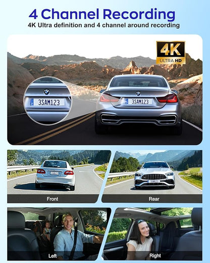 4K Dash Cam 360° View,4 Channel Front and Rear Dash Camera for Cars,Built-in 5GHz Wi-Fi GPS, Voice Control, Free 128G Card,Night Vision,24H Parking Mode,G-Sensor