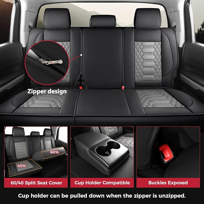 FREESOO Tundra Seat Covers 2007-2013, Fit for Toyota Tundra Crewmax Cab 5 Seats, Custom Truck Seat Covers with Waterproof Faux Leather BlackGrey