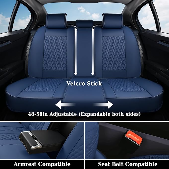 Coverado Car Seat Covers Full Set, Nappa Leather Seat Covers for Car, Waterproof Car Seat Protector with Lumbar Support, Automotive Seat Covers Universal Fit for Most Cars SUV Trucks (Blue)