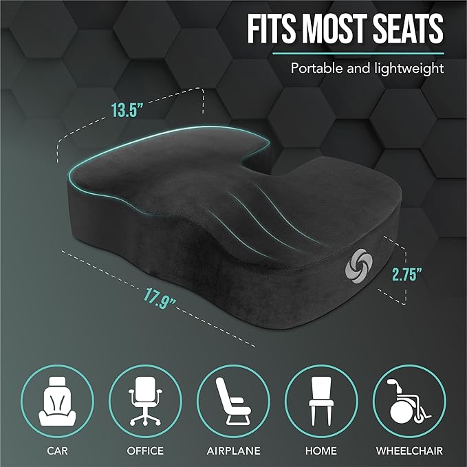 Samsonite Memory Foam Seat Cushion – Ergonomic Cushion for Office Chair, Tailbone Pressure Pad, Coccyx Support for Sciatica, Supportive Seat for Car, Desk, and Gaming Chairs, Black