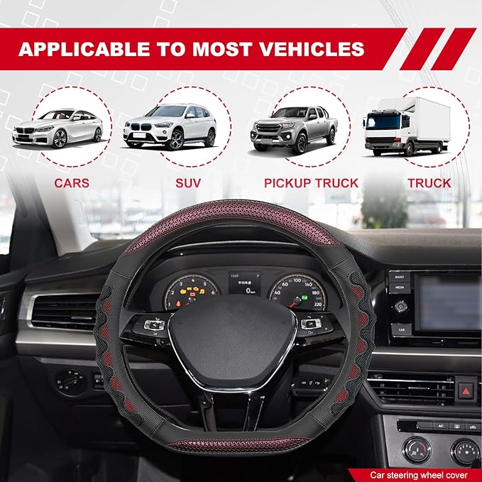 D Shaped 14.5-15 Inch Steering Wheel Cover, 3D Honeycomb Anti-Slip Design with Great Grip, Flat Bottom Comfy Car Steering Wheel Protector (Red)