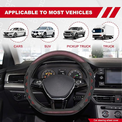 D Shaped 14.5-15 Inch Steering Wheel Cover, 3D Honeycomb Anti-Slip Design with Great Grip, Flat Bottom Comfy Car Steering Wheel Protector (Red)