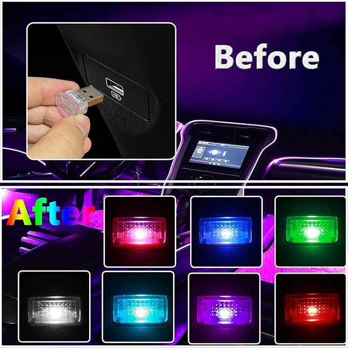 2 Pcs USB LED Car Interior Atmosphere Lamp, Night Light Led Decoration Light Ambient Lighting Kit Interior LED Lights, Portable Vehicle Ambient Lighting Kit for All Car Interior Accessories (Multi)