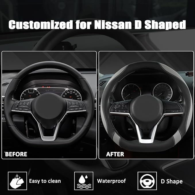West Llama Flat Bottom Car Steering Wheel Cover for Nissan,D Shaped Steering Wheel Cover for Rogue,Altima,Kicks (Black+Gray-Standard Size)