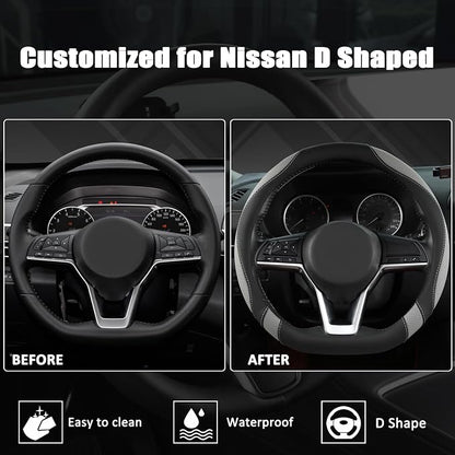 West Llama Flat Bottom Car Steering Wheel Cover for Nissan,D Shaped Steering Wheel Cover for Rogue,Altima,Kicks (Black+Gray-Standard Size)