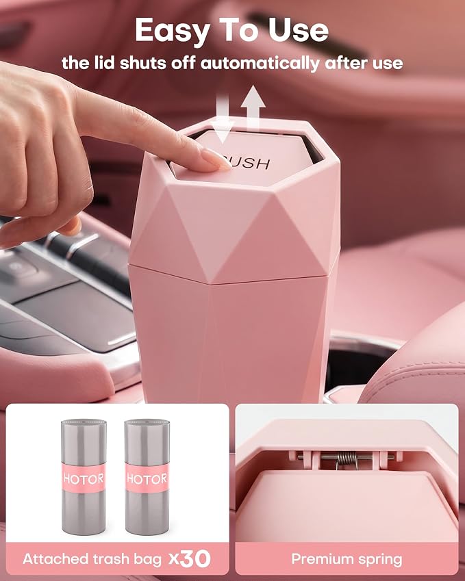 HOTOR Car Trash Can with Lid - 1 Pack, Car Accessories for Interior, Leakproof Vehicle Garbage Can with 15 Attached Trash Bags, Multipurpose Organizers and Storage for Home, Office, Pink