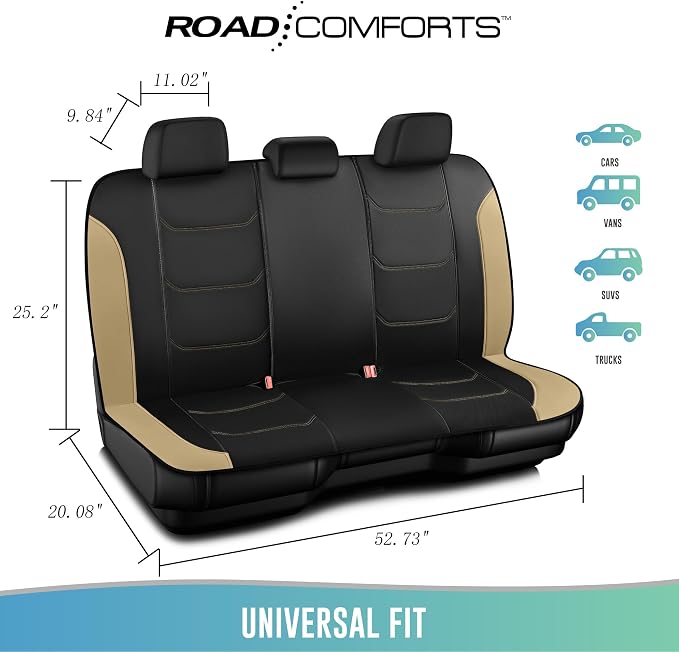 Road Comforts Seat Covers, Premium Leather Car Seat Covers Full Set,Airbag Compatible, Automotive Seat Covers Universal Fit Most Cars,Vans,Truck,SUV, Beige