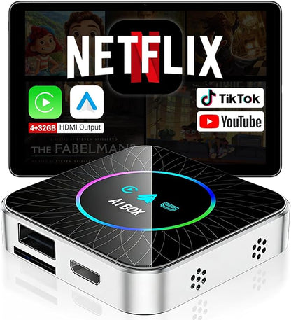 AI Box Carplay, 4+32GB Car Video Box for Netflix/YouTube/TikTok/TF Card & HDMI Output Streaming Magic AI Box Wireless CarPlay Adapter with Ambient Light, Fits for OEM Wired Car Play Cars