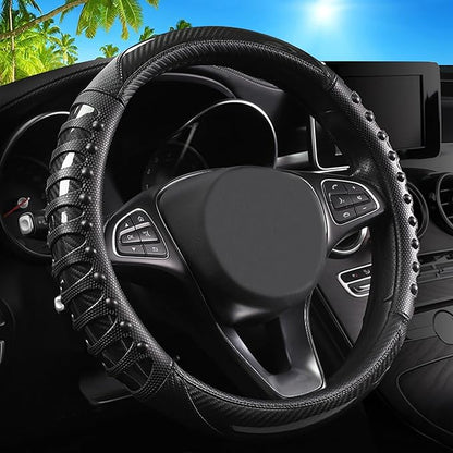 3D Massage Car Steering Wheel Cover,14.5-15 Inch Universal Black Carbon Fibre Leather Covers Breathable Anti-Slip Odorless Steering Wheels Accessories for Men Women