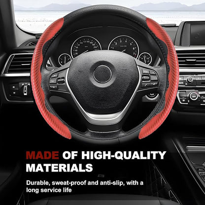 Universal Fit Carbon Fiber Steering Wheel Cover, Segmented Steering Wheel Protector, Carbon Fiber Anti-Skid Steering Wheel Cover Car Interior Accessories (2 Pcs Red)