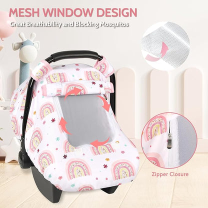 Pea Pod Car Seat Cover Baby, Infant Car Seat Canopy Covers with 2 Layers Windows of Breathable Mesh Fabric, Lightweight Polyester, Soft Minky Dot Backing (Rainbow & Floral Pattern)