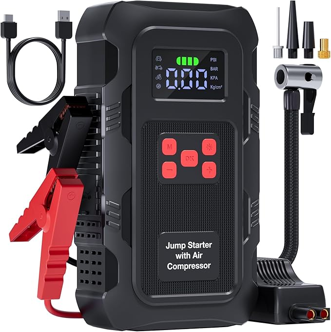 5000A Jump Starter with Air Compressor, Portable Car Battery Jump Starter with 150 PSI Tire Inflator for Up to 10.0L Gas and 8.0L Diesel Engines, 12V Jump Box with LCD Display