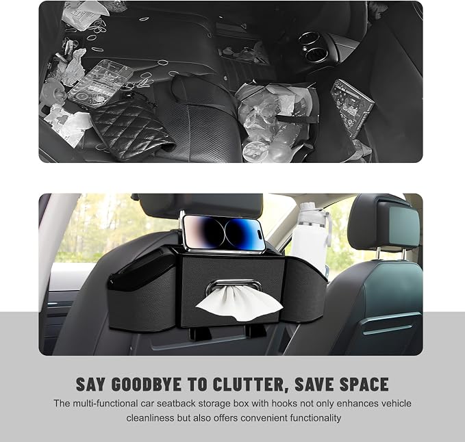 Car Backseat Organizer, 7-In-1 Multifunctional Car Headrest Storage Box with Hook Phone Holder & Cup Holder, Vehicle Hanging Seat Back Organizer for Hold Phone Snacks Drinks (Black)
