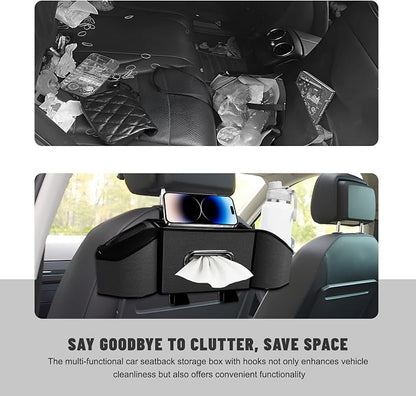 Car Backseat Organizer, 7-In-1 Multifunctional Car Headrest Storage Box with Hook Phone Holder & Cup Holder, Vehicle Hanging Seat Back Organizer for Hold Phone Snacks Drinks (Black)