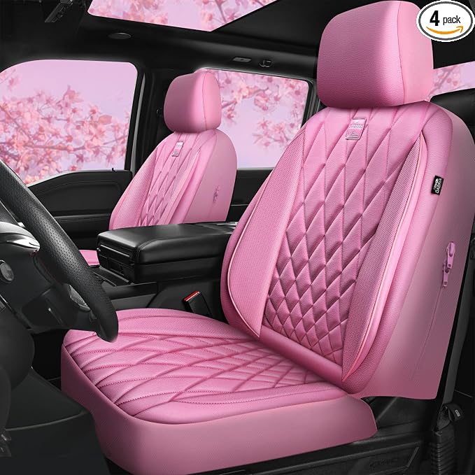 CAR PASS Piping Luxury Leather Two Front Car Seat Covers, Cute Girly Waterproof Anti Slip Seat Covers Compatible with Front Seat Armrests,Universal Fit for Suvs,Vans,Trucks,Airbag Compatible(All Pink)