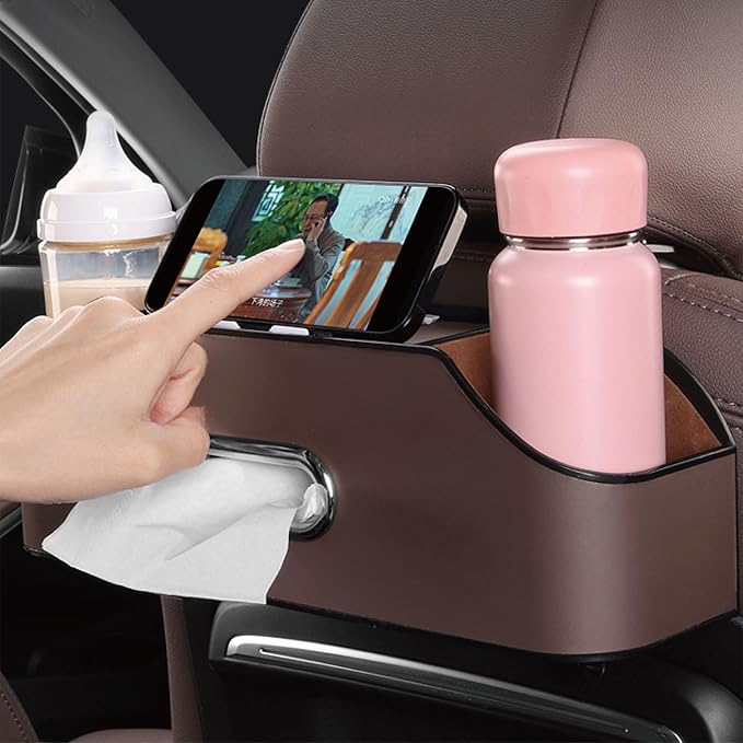 Backseat Car Organizer with 2 Drink Cup Holder - Tissue Holder - Car Seat Hooks for Headrest - Multi-functional Storage for Travel - Perfect for Kids, Adults(Brown)
