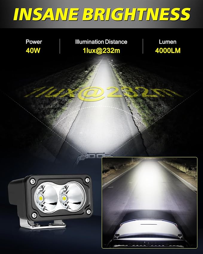 LED Pods with Wiring Harness & Black Covers 3 Inch 40W Spot CREE LED Pod Lights Small Off Road Driving Lights Fog Light 2 Packs for Trucks Motorcycle UTV ATV SUV Dirt Bike