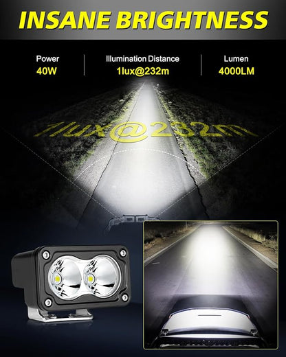 LED Pods with Wiring Harness & Black Covers 3 Inch 40W Spot CREE LED Pod Lights Small Off Road Driving Lights Fog Light 2 Packs for Trucks Motorcycle UTV ATV SUV Dirt Bike