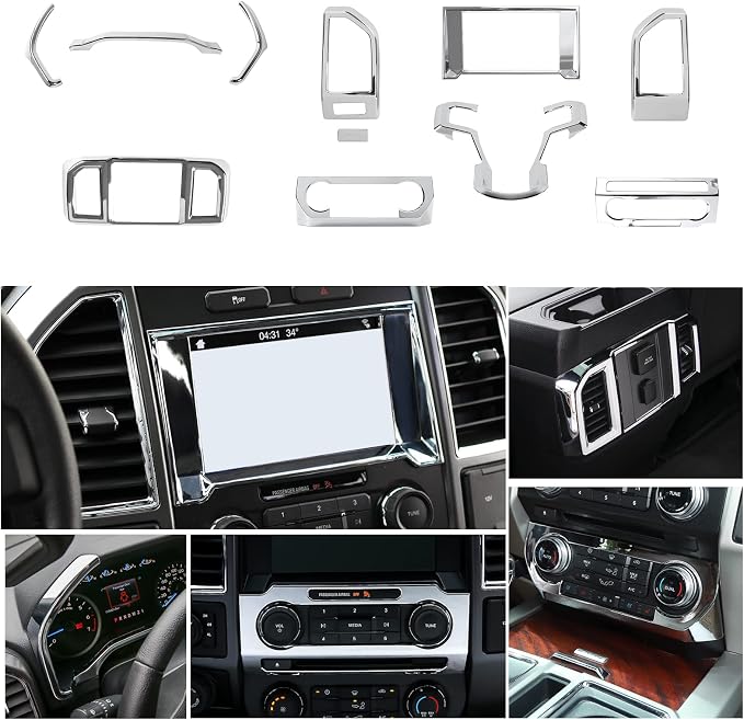 JeCar 11PCS Interior Decoration Trim Kit for Ford F150 2015-2020 Steering Wheel & Center Console Trim & Dashboard & Rear Air Conditioner Vent Cover (Chrome)
