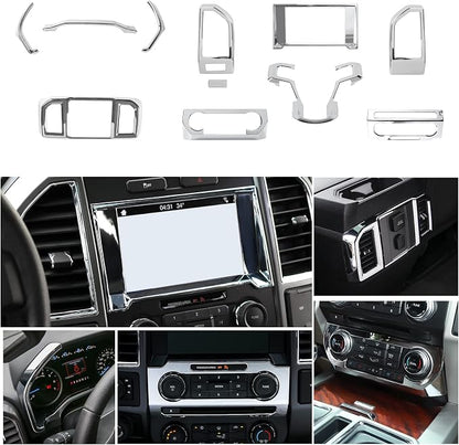 JeCar 11PCS Interior Decoration Trim Kit for Ford F150 2015-2020 Steering Wheel & Center Console Trim & Dashboard & Rear Air Conditioner Vent Cover (Chrome)