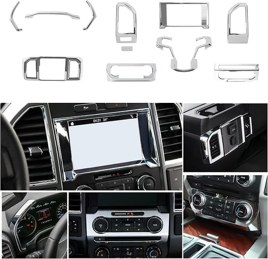 JeCar 11PCS Interior Decoration Trim Kit for Ford F150 2015-2020 Steering Wheel & Center Console Trim & Dashboard & Rear Air Conditioner Vent Cover (Chrome)