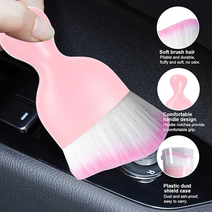 Ziciner 2 PCS Car Detailing Brush, Curved Soft Bristles Auto Removal Dust Collectors, Universal Vehicle Dashboard, Air Conditioner Vents etc Interior Cleaning Tool Accessory (Pink/Pink)