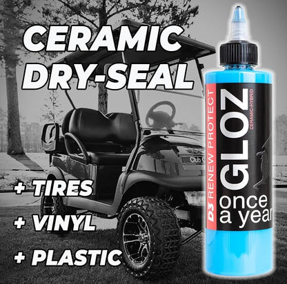 RENEW PROTECT - GLOZ, Tire & Trim Treatment, Ceramic-Hybrid Protectant, Lasts Months - Years, Mid or High Shine, Floor Mats-RV-Golf Cart, 100% Motorcycle-Safe, Wash-Proof, 5min Dry-Seal 16oz
