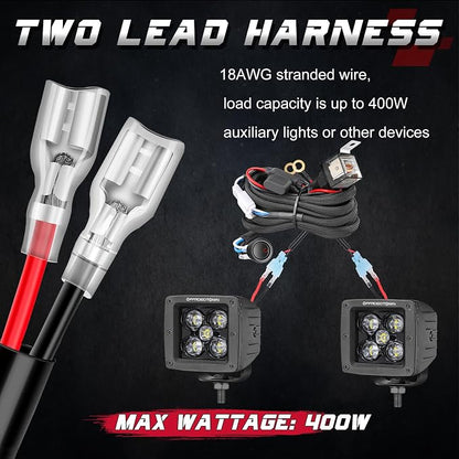 Wiring Harness 2 Lead, OFFROADTOWN Nylon Wiring Harness Kit for LED Pods Driving Light Fog Light 12V 40A Fuse Relay On/Off Rocker Switch 18AWG Heavy Duty Wiring Harness for Trucks Offroad ATV UTV Boat