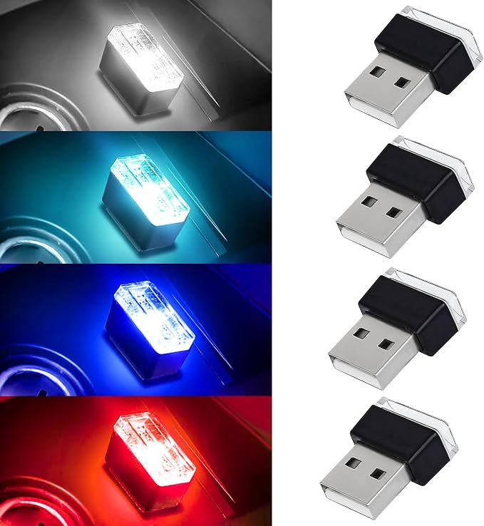 4 PCS USB LED Car Interior Atmosphere Lamp, Portable Mini Auto LED Decor Night Light, Plug-in USB Interface Ambient Lighting Kit, Universal Car Interior Accessories(White+Blue+Red+Ice Blue)