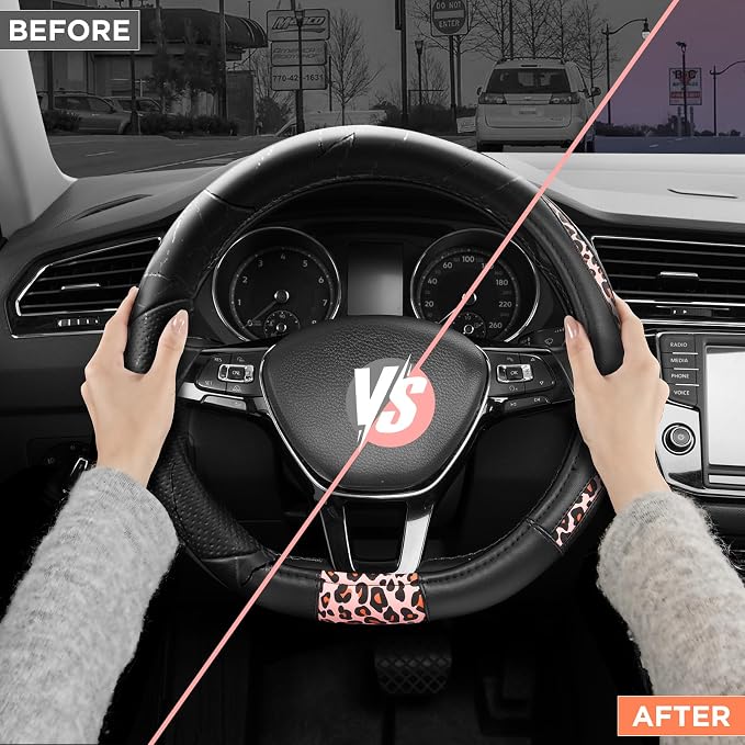Road Comforts Steering Wheel Cover - Flat Bottom Wheel Cover Made with PVC Leather and Pink Leopard Fabric - Universal Fit for 15-Inch D-Shaped Automotive Steering Wheels (Pink Leopard)