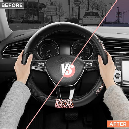 Road Comforts Steering Wheel Cover - Flat Bottom Wheel Cover Made with PVC Leather and Pink Leopard Fabric - Universal Fit for 15-Inch D-Shaped Automotive Steering Wheels (Pink Leopard)