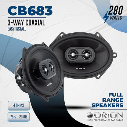 ORION Cobalt Series CB683 6x8” 3-Way Coaxial Car Speakers, 280W, 4 Ohms, Full Range, Enhanced Bass, Polypropylene Cone & Butyl Rubber Surround, Easy Install (Pair)